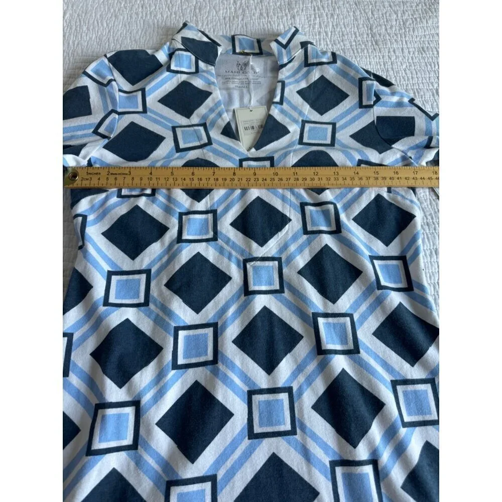 MAHI Gold Tunic Dress Womens S 3/4 Sleeves Geometric V-Neck Navy Blue NEW - Picture 7 of 7